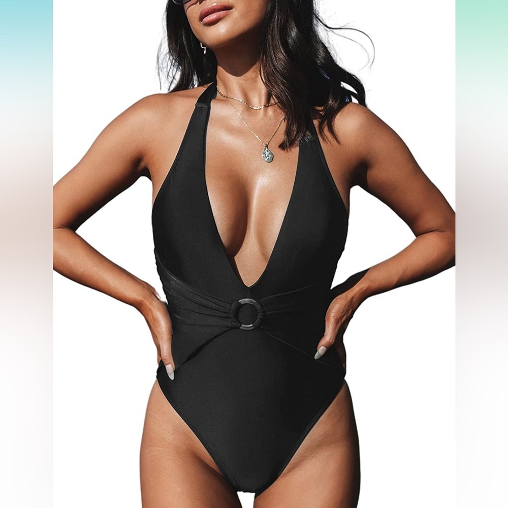 CUPSHE - womens halter deep v neck ruched o ring swimsuit NWT